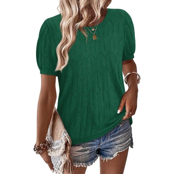 Women Short Sleeve Green Sweater Round Neck Summer Work Beach Vacation Top - Picture 2 of 5